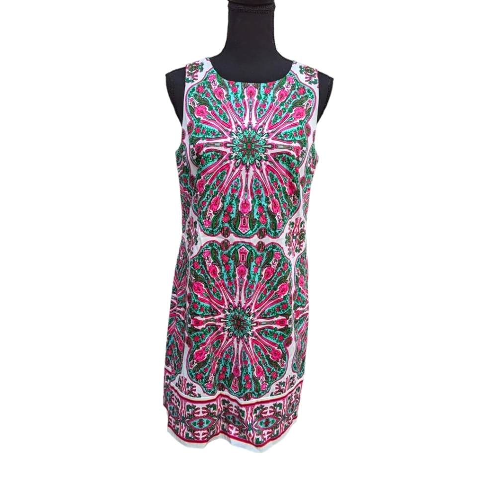 London Times|Shift Mini Dress|Size 6|Cotton|Pink Green|Stretch